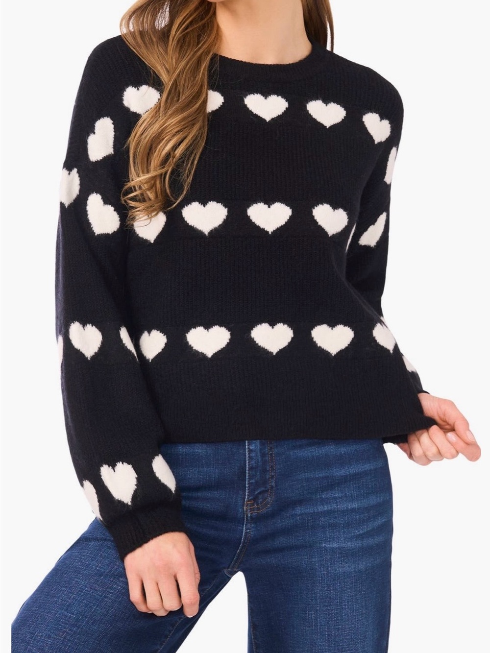 CeCe Black Crewneck Sweater with White Heart Pattern